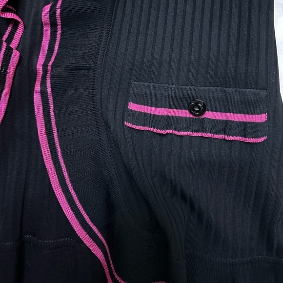 Exclusively Missook Fine Sheer Knit Ribbed OpenCardigan Magenta Ruffle Trim Flaw - Picture 5 of 11